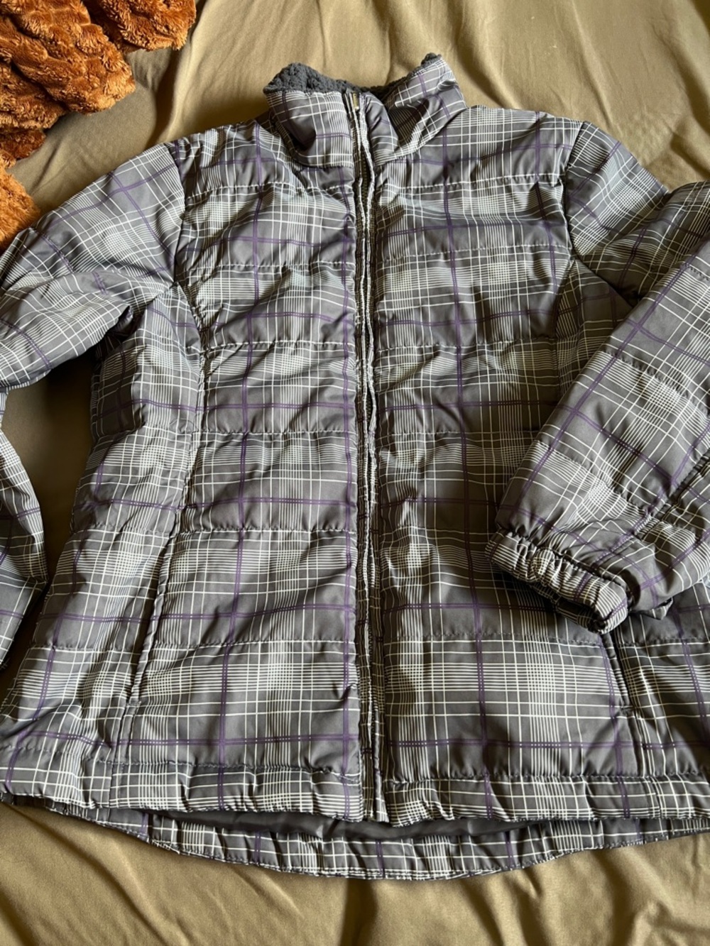 Free Country Gray Plaid Puffer Jacket with Purple Accents